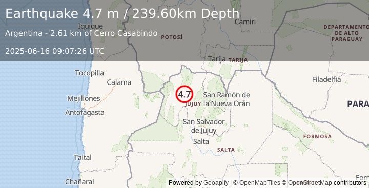 Earthquake JUJUY, ARGENTINA (4.7 m) (2025-06-16 09:07:26 UTC)