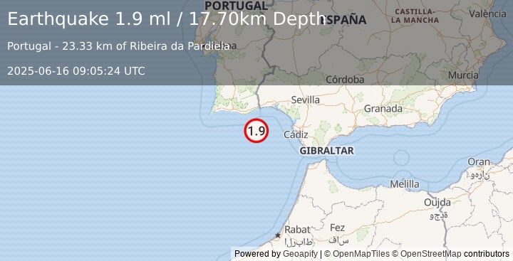 Earthquake STRAIT OF GIBRALTAR (1.9 ml) (2025-06-16 09:05:24 UTC)