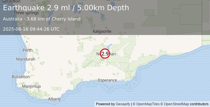 Earthquake WESTERN AUSTRALIA (2.9 ml) (2025-06-16 09:44:26 UTC)