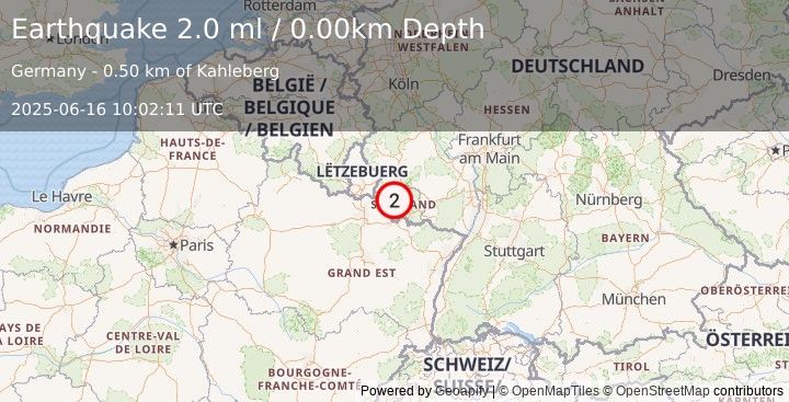 Earthquake FRANCE-GERMANY BORDER REGION (2.0 ml) (2025-06-16 10:02:11 UTC)