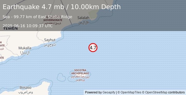 Earthquake OWEN FRACTURE ZONE REGION (4.8 mb) (2025-06-16 10:09:36 UTC)