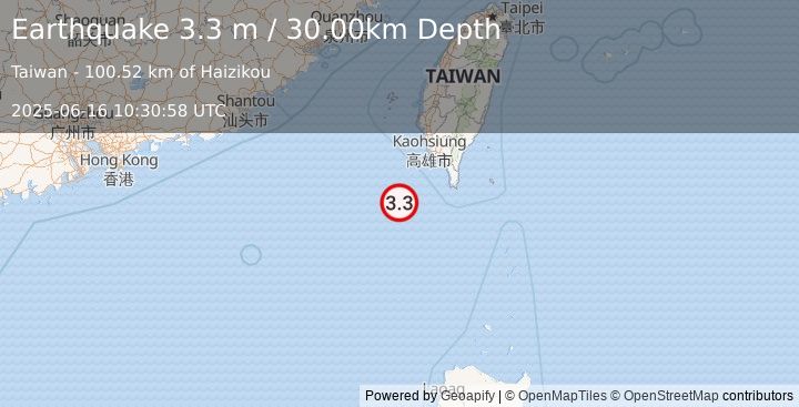 Earthquake TAIWAN REGION (3.3 m) (2025-06-16 10:30:58 UTC)