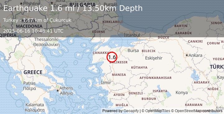 Earthquake WESTERN TURKEY (1.6 ml) (2025-06-16 10:48:41 UTC)