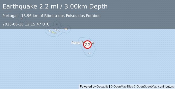 Earthquake AZORES ISLANDS, PORTUGAL (2.2 ml) (2025-06-16 12:15:47 UTC)