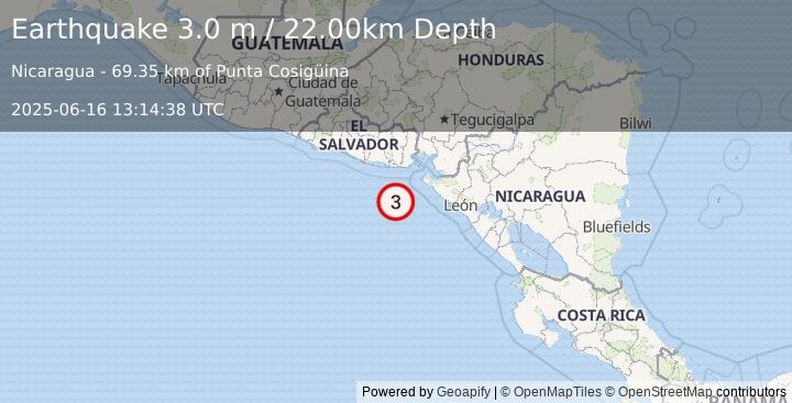Earthquake OFFSHORE EL SALVADOR (3.0 m) (2025-06-16 13:14:38 UTC)