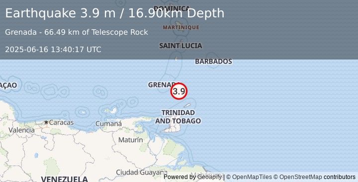 Earthquake GRENADA REGION, WINDWARD ISLANDS (3.9 m) (2025-06-16 13:40:17 UTC)