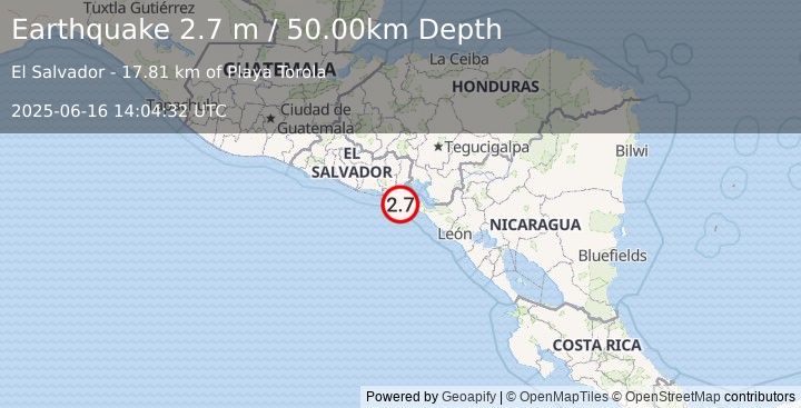 Earthquake OFFSHORE EL SALVADOR (2.7 m) (2025-06-16 14:04:32 UTC)