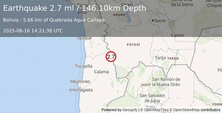 Earthquake ANTOFAGASTA, CHILE (2.7 ml) (2025-06-16 14:21:38 UTC)