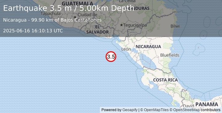 Earthquake NEAR COAST OF NICARAGUA (3.6 m) (2025-06-16 16:10:12 UTC)