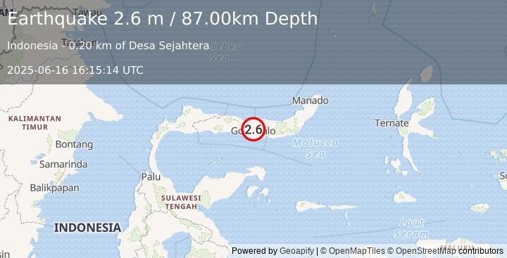 Earthquake MINAHASA, SULAWESI, INDONESIA (2.6 m) (2025-06-16 16:15:14 UTC)