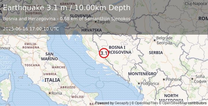 Earthquake BOSNIA AND HERZEGOVINA (3.1 m) (2025-06-16 17:00:10 UTC)