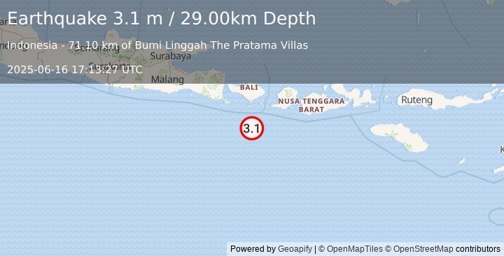 Earthquake SOUTH OF BALI, INDONESIA (3.1 m) (2025-06-16 17:13:27 UTC)