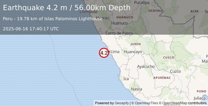 Earthquake NEAR COAST OF CENTRAL PERU (4.2 m) (2025-06-16 17:40:17 UTC)
