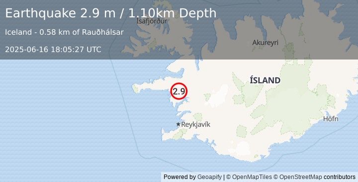 Earthquake ICELAND (2.9 m) (2025-06-16 18:05:27 UTC)