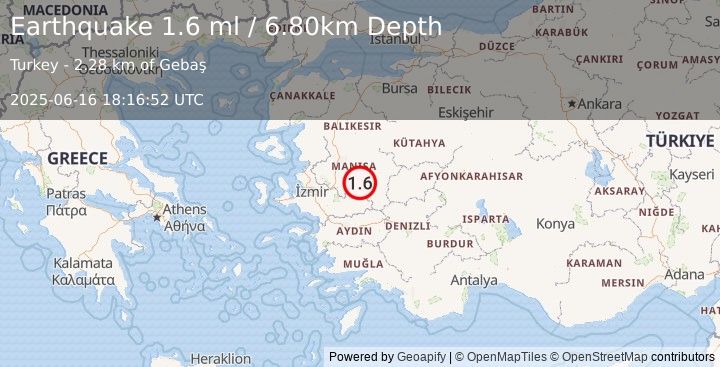 Earthquake WESTERN TURKEY (1.6 ml) (2025-06-16 18:16:52 UTC)