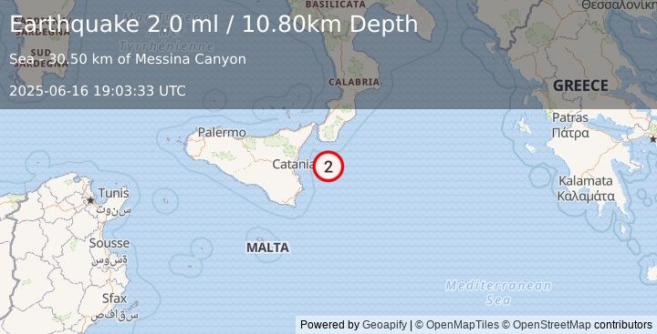 Earthquake SICILY, ITALY (2.0 ml) (2025-06-16 19:03:33 UTC)