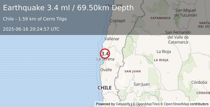 Earthquake COQUIMBO, CHILE (3.4 ml) (2025-06-16 20:24:57 UTC)