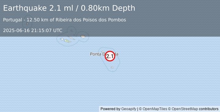 Earthquake AZORES ISLANDS, PORTUGAL (2.1 ml) (2025-06-16 21:15:07 UTC)