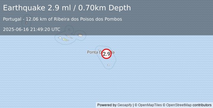 Earthquake AZORES ISLANDS, PORTUGAL (2.9 ml) (2025-06-16 21:49:20 UTC)