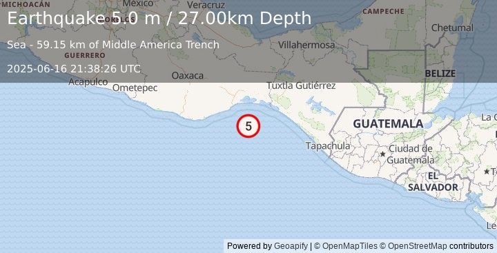 Earthquake OFFSHORE OAXACA, MEXICO (5.0 m) (2025-06-16 21:38:26 UTC)