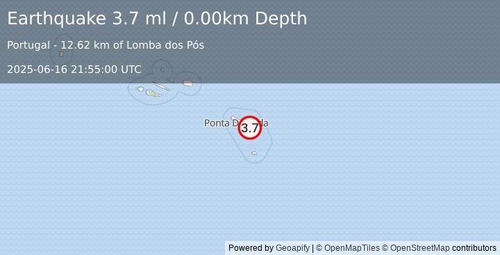 Earthquake AZORES ISLANDS, PORTUGAL (3.7 ml) (2025-06-16 21:55:00 UTC)