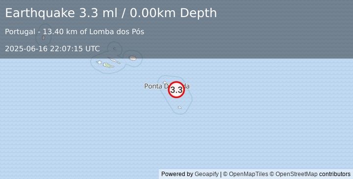 Earthquake AZORES ISLANDS, PORTUGAL (3.3 ml) (2025-06-16 22:07:15 UTC)