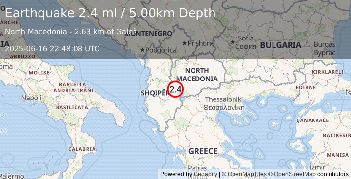 Earthquake REPUBLIC OF NORTH MACEDONIA (2.5 ml) (2025-06-16 22:48:07 UTC)