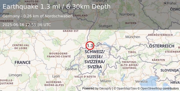 Earthquake FRANCE-GERMANY BORDER REGION (1.3 ml) (2025-06-16 22:55:36 UTC)