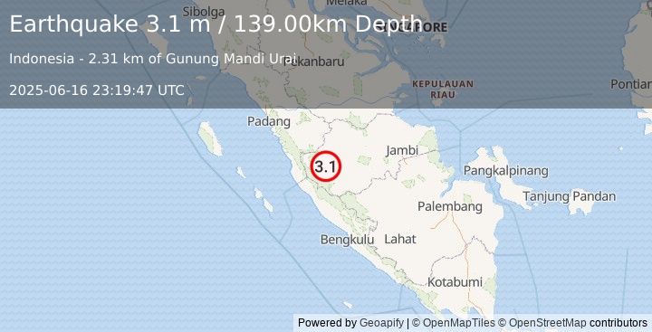 Earthquake SOUTHERN SUMATRA, INDONESIA (3.1 m) (2025-06-16 23:19:47 UTC)