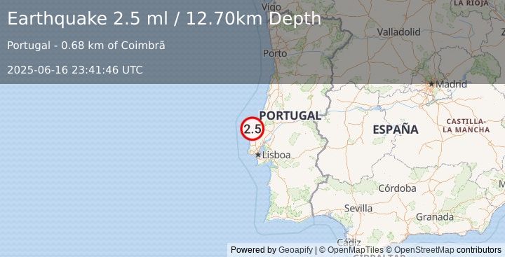 Earthquake PORTUGAL (2.5 ml) (2025-06-16 23:41:46 UTC)