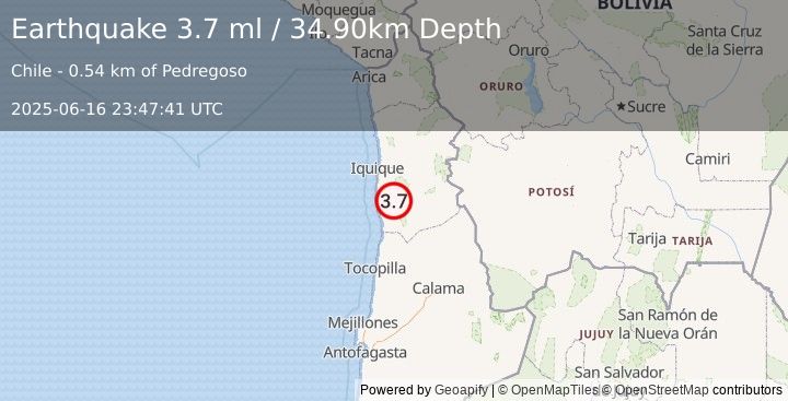 Earthquake TARAPACA, CHILE (3.8 ml) (2025-06-16 23:47:40 UTC)