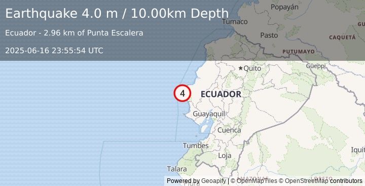 Earthquake OFF COAST OF ECUADOR (4.0 m) (2025-06-16 23:55:54 UTC)