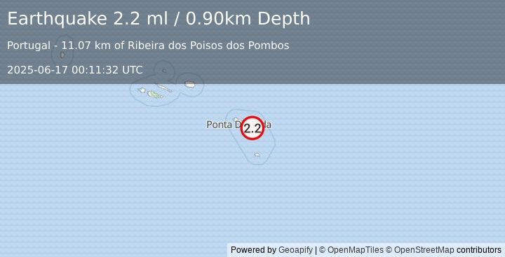 Earthquake AZORES ISLANDS, PORTUGAL (2.2 ml) (2025-06-17 00:11:32 UTC)