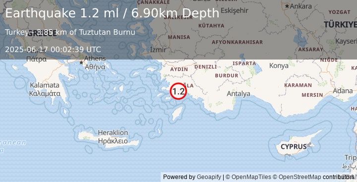 Earthquake DODECANESE IS.-TURKEY BORDER REG (1.2 ml) (2025-06-17 00:02:39 UTC)