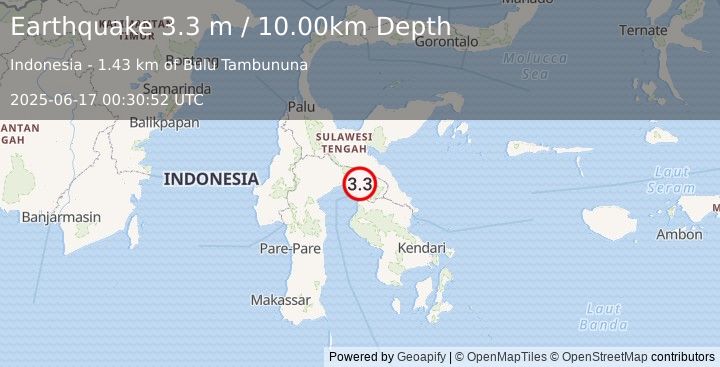 Earthquake SULAWESI, INDONESIA (3.3 m) (2025-06-17 00:30:52 UTC)