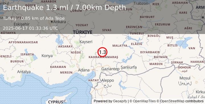 Earthquake CENTRAL TURKEY (1.3 ml) (2025-06-17 01:33:36 UTC)