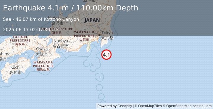 Earthquake NEAR EAST COAST OF HONSHU, JAPAN (4.1 m) (2025-06-17 02:07:22 UTC)