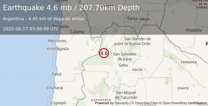 Earthquake JUJUY, ARGENTINA (4.6 mb) (2025-06-17 03:06:49 UTC)