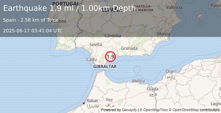 Earthquake STRAIT OF GIBRALTAR (1.9 ml) (2025-06-17 03:41:04 UTC)