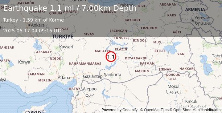 Earthquake EASTERN TURKEY (1.1 ml) (2025-06-17 04:09:16 UTC)