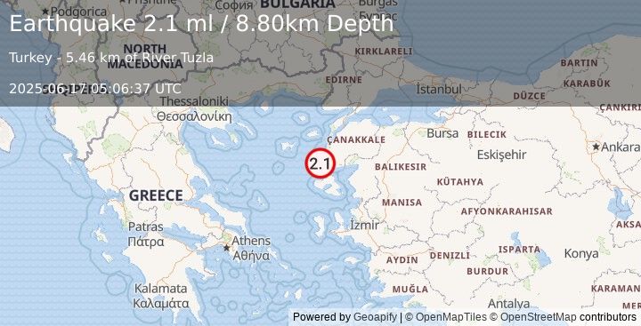 Earthquake NEAR THE COAST OF WESTERN TURKEY (2.1 ml) (2025-06-17 05:06:37 UTC)