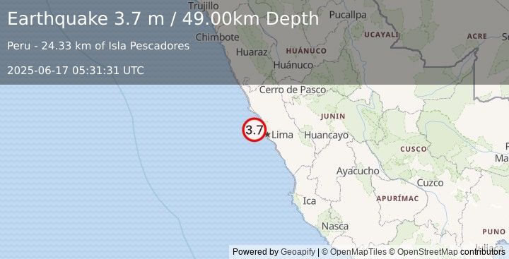 Earthquake NEAR COAST OF CENTRAL PERU (3.7 m) (2025-06-17 05:31:31 UTC)