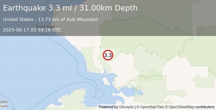 Earthquake NORTHERN ALASKA (3.3 ml) (2025-06-17 05:59:15 UTC)
