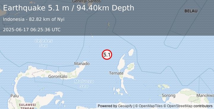 Earthquake MOLUCCA SEA (5.1 mb) (2025-06-17 06:25:33 UTC)
