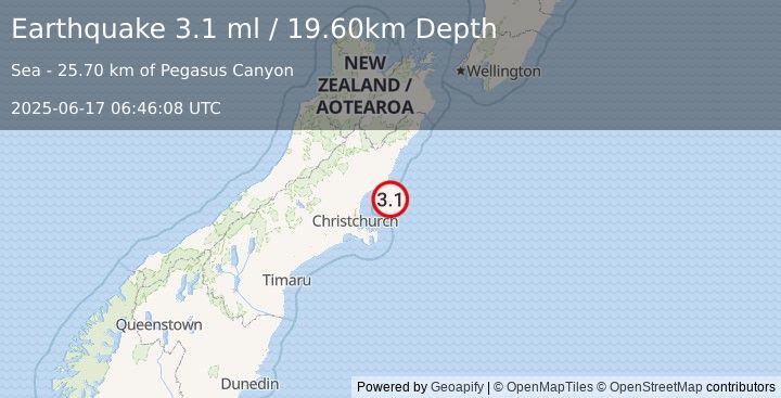 Earthquake OFF E. COAST OF S. ISLAND, N.Z. (3.1 ml) (2025-06-17 06:46:08 UTC)