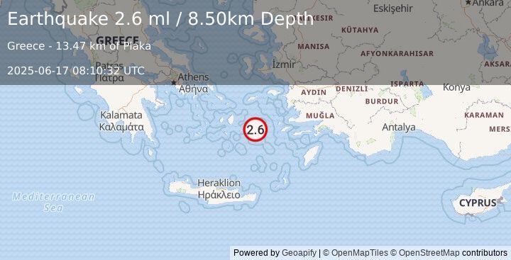 Earthquake DODECANESE ISLANDS, GREECE (2.6 ml) (2025-06-17 08:10:32 UTC)