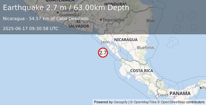 Earthquake NEAR COAST OF NICARAGUA (2.7 m) (2025-06-17 09:30:58 UTC)