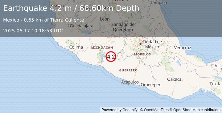 Earthquake MICHOACAN, MEXICO (4.2 m) (2025-06-17 10:18:53 UTC)