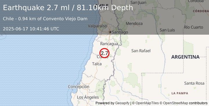 Earthquake LIBERTADOR O'HIGGINS, CHILE (2.7 ml) (2025-06-17 10:41:46 UTC)