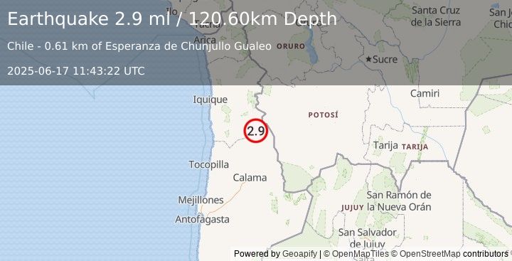 Earthquake TARAPACA, CHILE (2.9 ml) (2025-06-17 11:43:22 UTC)